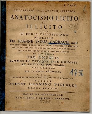 Bild des Verkufers fr Juristische Inaugural-Dissertation. De anatocismo licito et illicito. zum Verkauf von Wissenschaftliches Antiquariat Kln Dr. Sebastian Peters UG