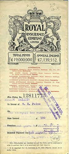 The Royal Insurance Company Limited - Victoria Branch, Melbourne - policy dated 1914 for househol...