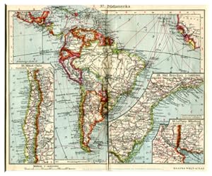 Landkarte Südamerika mit Beikarten - Farblithographie mit Keilschnitt-Passepartout
