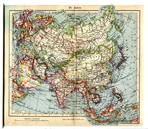 Landkarte Asien - Farblithographie mit Keilschnitt-Passepartout