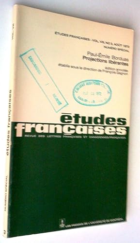 Bild des Verkufers fr Projections librantes. tudes franaises, vol. VIII, no 3, aot 1972, numro spcial zum Verkauf von Claudine Bouvier