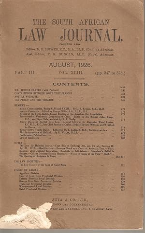 Image du vendeur pour The South African Law Journal August 1926 mis en vente par Snookerybooks