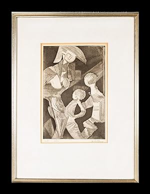 Mother and Two Children, Etching, M.Vallens, signed Artist's Proof #11 of 66. Framed, backed, gla...