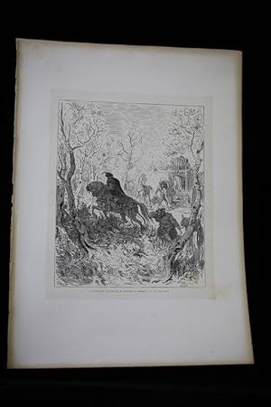 Cervantès, Don Quichotte, L'hidalgo se décida à piquer sa jument. Gravure originale sur bois debo...