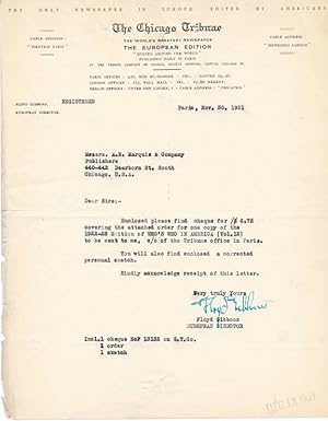 Imagen del vendedor de Typed Letter Signed / Partly-printed Autograph Document a la venta por Main Street Fine Books & Mss, ABAA