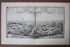 CRIMMITSCHAU / GLAUCHAU - "Vigogne-Spinnerei H. F. Wagner". 2 detailgetreue Vogelschau-Ansichten ...