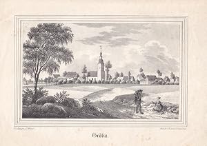 Imagen del vendedor de RIESA-GRBA. Gesamtansicht des Ortsteils Grba mit Schlo und Kirche, auf der Strae vorn Hausierer und junge Frau mit Rechen. Lithographie von Renner und Ketzschau nach Julius Mckel um 1840. Bildgre : 11,5 x 19 cm. a la venta por Carl Adler's Buch- und Graphikkabinett