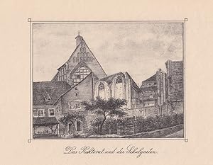 Imagen del vendedor de MEISSEN. Alte Stadtschule (ehemals Franziskanerkloster). "Das Rektorat und der Schulgarten". Ansicht. Lithographie (von Steinmetz & Bornemann) um 1890. Bildgre : 10,5 x 15,5 cm. a la venta por Carl Adler's Buch- und Graphikkabinett