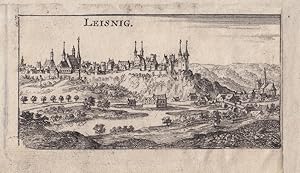 LEISNIG. Gesamtansicht über die Mulde. Kupferstich bei Riegel um 1680. Bildgröße : 5,8 x 11,3 cm....