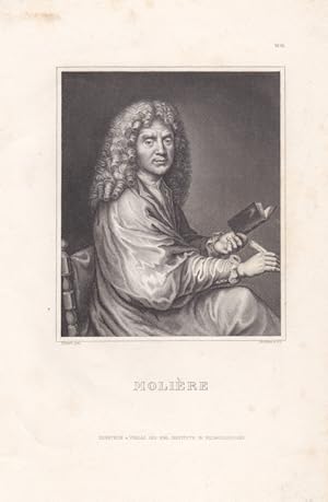 MOLIERE, JEAN BAPTISTE. (1622 Paris - 1673). Porträt. Kniestück sitzend, in den Händen Buch und F...