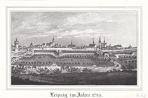 LEIPZIG im Jahre 1834. Gesamtansicht. Lithographie nach älterem Vorbild um 1835. Bildgröße : 8,3 ...