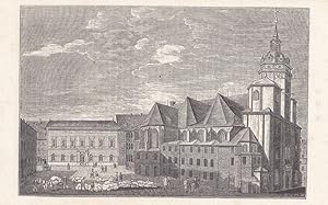 Imagen del vendedor de LEIPZIG. Ansicht der Nikolaikirche mit Buchhndler-Brse, davor Markt-Treiben. Holzstich um 1840. Bildgre : 9 x 13,7 cm. - Selten a la venta por Carl Adler's Buch- und Graphikkabinett