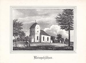 ESPENHAIN-KLEINPÖTSCHAU. Ansicht der Kirche in Kleinpötzschau, davor ländliches Paar. Anonyme Lit...