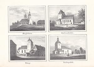 LEIPZIG. UMGEBUNG. SAMMELBILD mit 4 Ansichten von Kirchen der Leipziger Umgebung. Anonyme Lithogr...