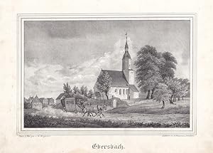 EBERSBACH bei Colditz. Teilansicht mit Kirche, im Vordergrund Postkutsche. Lithographie von I.H. ...