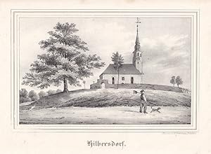 Imagen del vendedor de HILBERSDORF bei Niebra. Ansicht der Kirche, auf der Strae vorn Landsmann mit Hund und Schaufel. Lithographie von I.H. Ketzschau, Dresden, um 1840. Bildgre : 11,5 x 18 cm. a la venta por Carl Adler's Buch- und Graphikkabinett