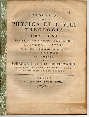 Bild des Verkufers fr Prolusio De Physica Et Civili Theologia. Universittsprogramm. zum Verkauf von Wissenschaftliches Antiquariat Kln Dr. Sebastian Peters UG