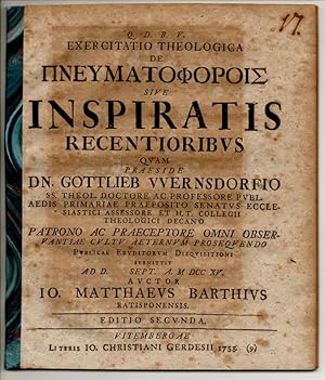 Bild des Verkufers fr Theologische Exercitatio. De pneumatophorois sive inspiratis recentioribus. Editio secunda. zum Verkauf von Wissenschaftliches Antiquariat Kln Dr. Sebastian Peters UG