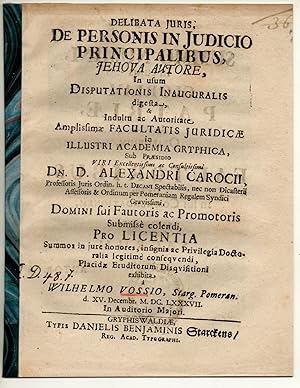 Seller image for Juristische Inaugural-Disputation. Delibata iuris, de personis in iudicio principalibus. Beigefgt: Alexander Caroc: Promotionsankndigung von Voss. for sale by Wissenschaftliches Antiquariat Kln Dr. Sebastian Peters UG