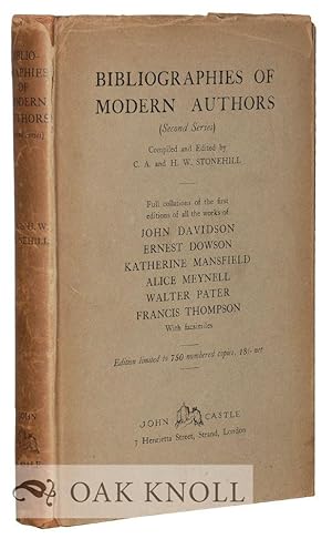 Bild des Verkufers fr BIBLIOGRAPHIES OF MODERN AUTHORS (SECOND SERIES) JOHN DAVIDSON, ERNEST DOWSON, KATHERINE MANSFIELD, ALICE MEYNELL, WALTER PATER, FRANCIS THOMPSON zum Verkauf von Oak Knoll Books, ABAA, ILAB