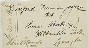 Seller image for Autograph address panel signed, addressed to Thomas Brooke, Walhampton Park, Lymington. Dated Wexford, December seven, 1838. for sale by Bristow & Garland