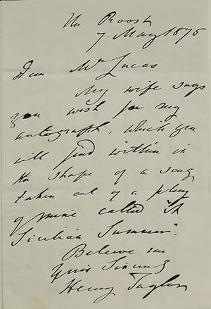 Autograph letter signed, 1-side 8vo, and autograph verse. In the letter, addressed to a Mr. Lucas...