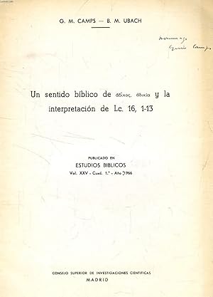 Imagen del vendedor de UN SENTIDO BIBLICO DE 'ADIKOS', 'ADIKIA' Y LA INTERPRETACION DE Lc. 16, 1-13 (TIRE A PART) a la venta por Le-Livre