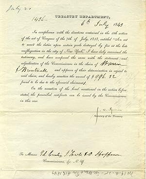 Partly printed New York conflagration claim document signed by John Canfield Spencer (1788-1855).