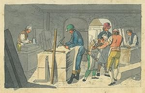 STEINMETZ. Steinmetzwerkstatt mit sechs Arbeitern beim Bearbeiten bzw. Bewegen von Steinblöcken.