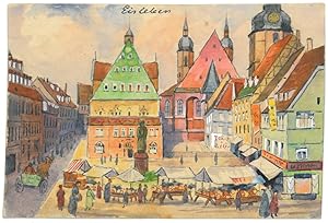 EISLEBEN. Blick auf den Marktplatz mit Marktgeschehen um das Lutherdenkmal, dahinter Rathaus und ...