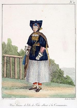 FÖHR. - Tracht. "Une Semme de lile de Fohr allant à la Communion". Junge Frau in Ganzfigur mit fe...