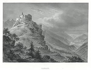 TARASP/Unterengadin. Blick ins Tal mit Ort, links auf steilem Fels die Festung.