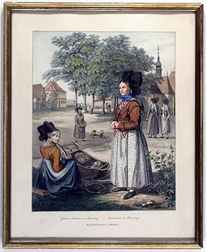 BAMBERG. - Tracht. "Gärtners-Frauen von Bamberg". Zwei junge Frauen auf einem Platz vor einer Kir...