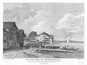 RICHTERSWIL. "Vue du port de Richtensweil". Schiffsanlegestelle mit Lagerhaus und weitere Häuser ...