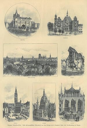 Bild des Verkufers fr DANZIG. "Danziger Architekturbilder". Gesamtansicht mit 6 Teilansichten: Hohes Tor, Landeshaus, Krantor, Rathaus, Synagoge und Artushof. zum Verkauf von Peter Bierl Buch- & Kunstantiquariat Inh.: Andrea Bierl