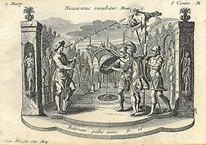 Seller image for KONON Hortulanus von Nazareth (von Zypern). Der Eremit als Grtner, stehend mit Spaten in einem Ziergarten mit Lauben, von rechts kommen Bewaffnete. for sale by Peter Bierl Buch- & Kunstantiquariat Inh.: Andrea Bierl