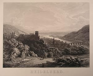 HEIDELBERG. "Heidelberg". Gesamtansicht mit weitem Blick den Neckar hinauf, links das Schloss, im...
