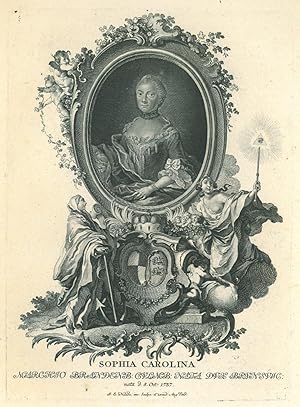 Bild des Verkufers fr SOPHIE CAROLINE, Markgrfin von Brandenburg - Bayreuth - Kulmbach (1737 - 1817). "Sophia Carolina". Halbfigur nach viertellinks im Oval der geborenen Prinzessin von Braunschweig - Wolfenbttel, darunter die Genien der Hoffnung und des Segens sowie das Allianzwappen, unten Inschrift. zum Verkauf von Peter Bierl Buch- & Kunstantiquariat Inh.: Andrea Bierl