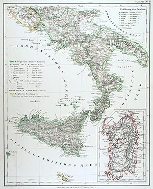 ITALIEN. - Süditalien. - Karte. Karte von Süditalien mit Sizilien und Malta, rechts Nebenkarte vo...