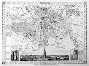 BERLIN. Stadtplan, am unteren Rand schöne Gesamtansicht vom Kreuzberge aus, links und rechts Ansi...