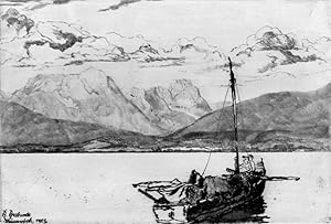 CHIEMSEE. - Fraueninsel. "Frauenwörth 1923". Blick vom Ufer der Insel auf einen Lastkahn mit Mast...