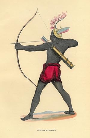 NEUSEELAND. - Tracht. "Guerrier Mangowien". Neuseeländischer Krieger, mit Pfeil und Bogen schießend.