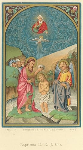 JOHANNES der Täufer. Die Taufe Jesu im Jordan, links Zuschauer, rechts ein Engel, oben die Hl.-Ge...