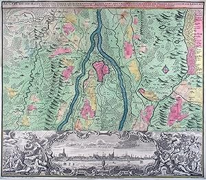 Bild des Verkufers fr AUGSBURG. "Augsburg die Haupt=Stadt und Zierde des Schwaebischen Craises, samt der umligenden Gegend". Grundriplan von Augsburg und Umgebung (gest. Erklrungen a - z und 1 - 35); darunter Gesamtansicht ("Prospect de Heil. Rm. Reichs freyen Stadt Augspurg wie solche von Morgen her anzusehen") mit allegorischen Darstellungen auf beiden Seiten. zum Verkauf von Peter Bierl Buch- & Kunstantiquariat Inh.: Andrea Bierl