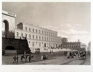 FLORENZ. "Palazzo Pitti a Firenze". Reich staffagierte Ansicht mit Kutschen, Reitern und Soldaten.