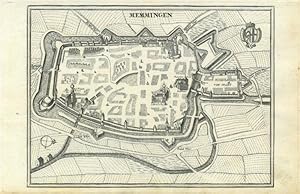 MEMMINGEN. Stadtplan mit herausragenden Gebäuden, rechts oben Wappen.