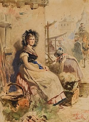 IMMENTAL. - Tracht. Marktfrauen im Immenthal. An einer Mauer sitzende junge Frau mit ihren Körben...