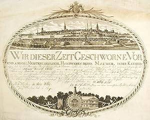 BREMEN. Gesamtansicht über die Weser (ca. 11 x 40 cm) als Kopf einer Handwerkskundschaft der Maurer.