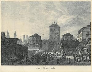 MÜNCHEN. - Isartor. "Isar Thor zu München, erbaut um 1310". Reich staffagierte Ansicht von der Au...