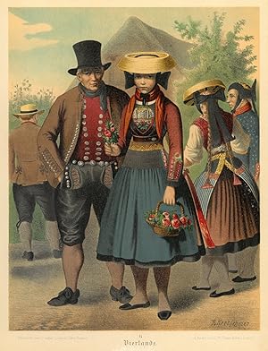 Immagine del venditore per HAMBURG. - Tracht. Vierlnder Trachtengruppe in festlicher Kleidung, aufwendige Stickereien detailgetreu wiedergegeben. venduto da Peter Bierl Buch- & Kunstantiquariat Inh.: Andrea Bierl